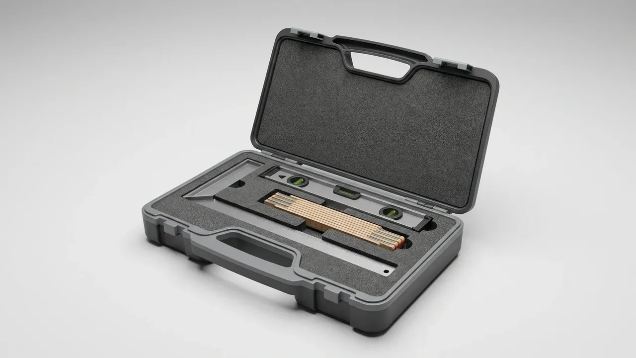 Tool Chest: dark grey interior with black foam, a stack of brass strips in a long slot, a green bubble level and a metal rule