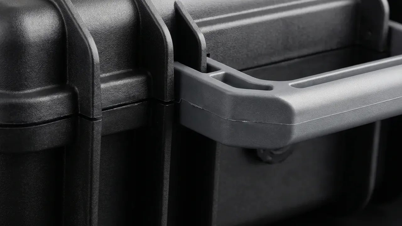Tool Chest: close-up of two black cases side by side, grained surface, moulded corner bumpers meeting recessed panels, latch seats along the rim