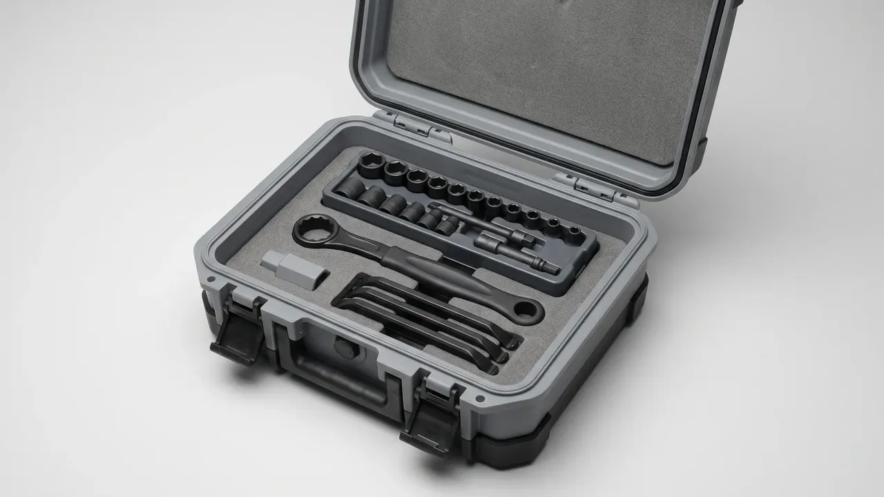 Tool Chest: grey case lying open, foam in the lid, base foam cut for sockets and wrenches, two black latches at the front, corner bumpers