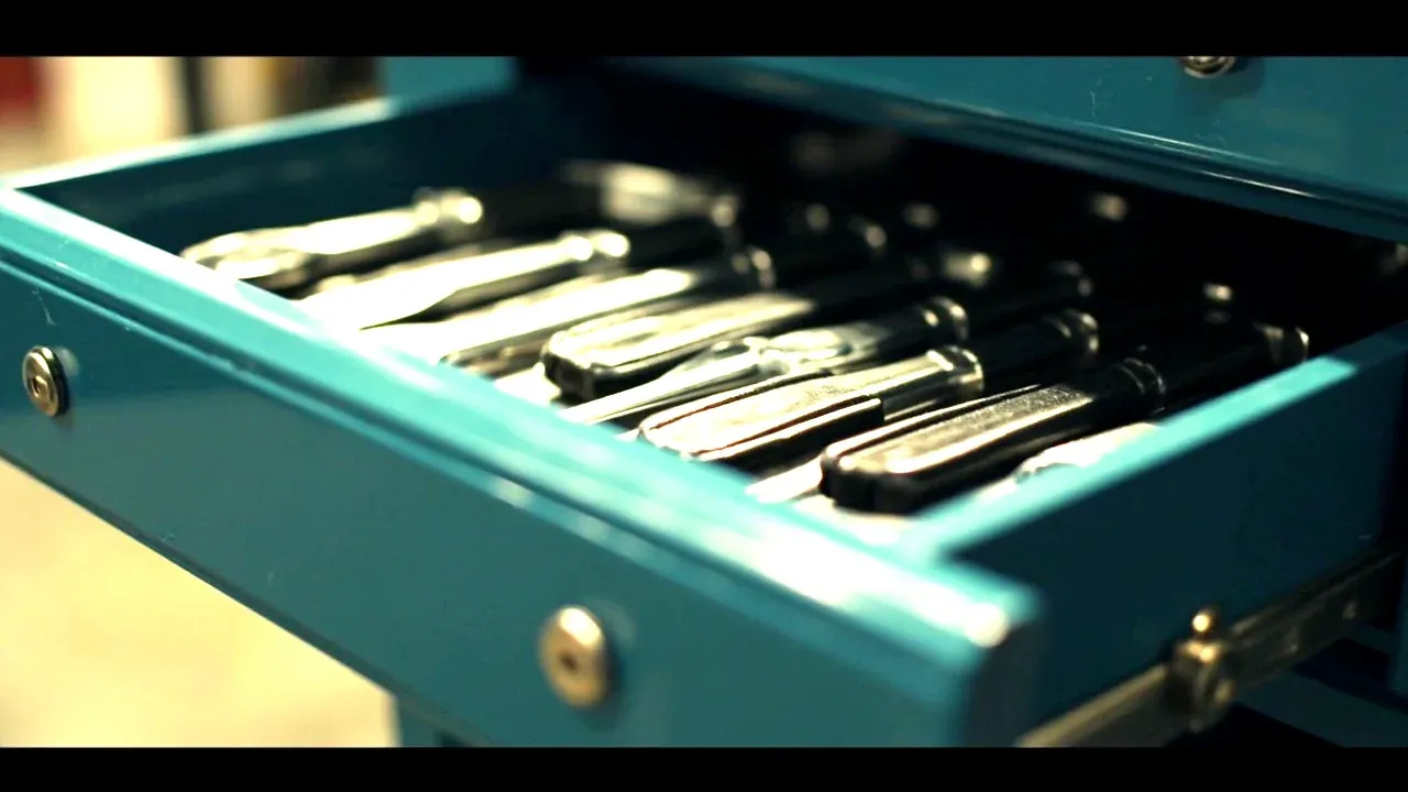 A tool chest drawer fully extended on ball-bearing slides with a heavy tool set, slides visible