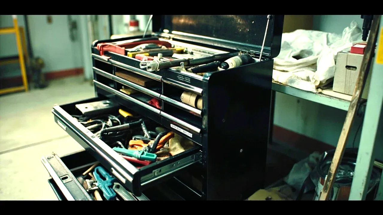 A loaded tool chest on a slight slope with one drawer open, showing stability