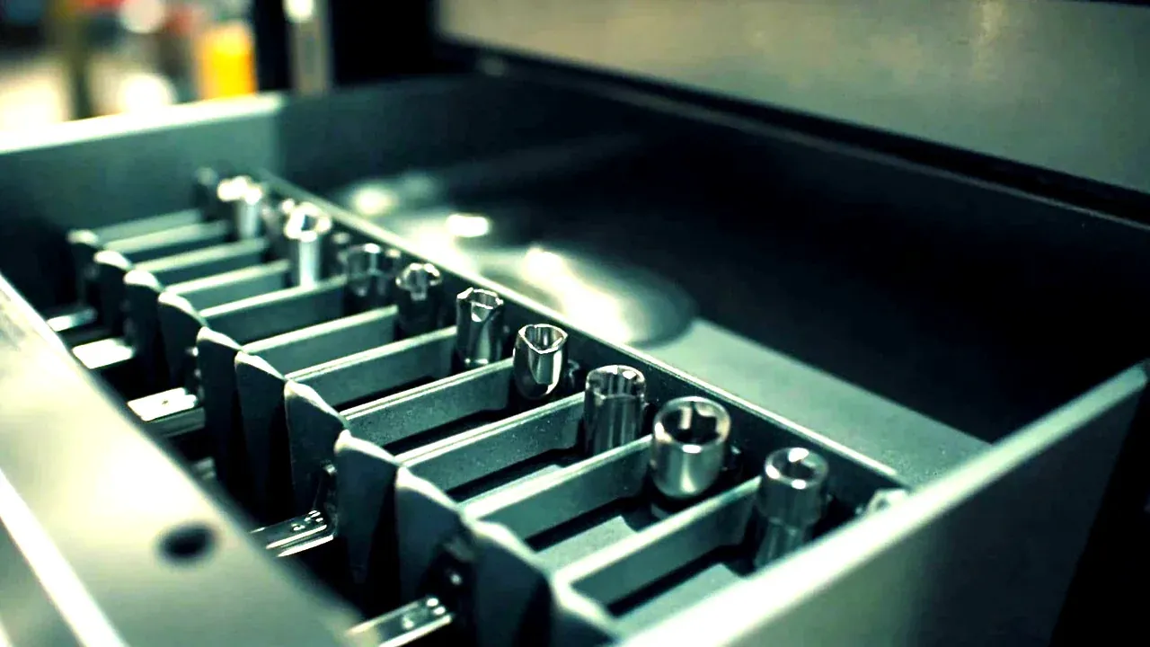 Close-up of a drawer divider system holding wrenches and sockets in a tool chest