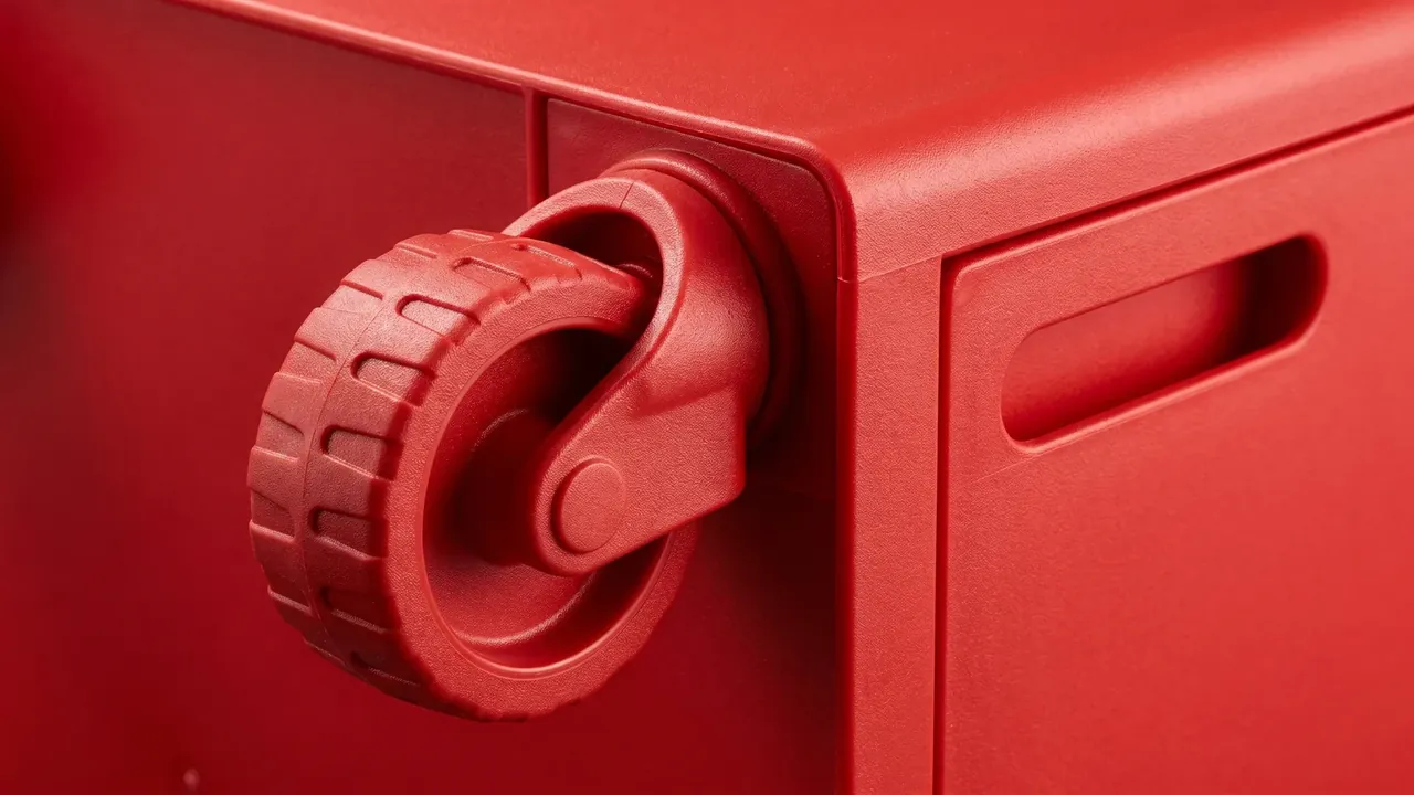 Tool Chest: close-up of a red rotary latch with ribbed grip on a moulded case corner