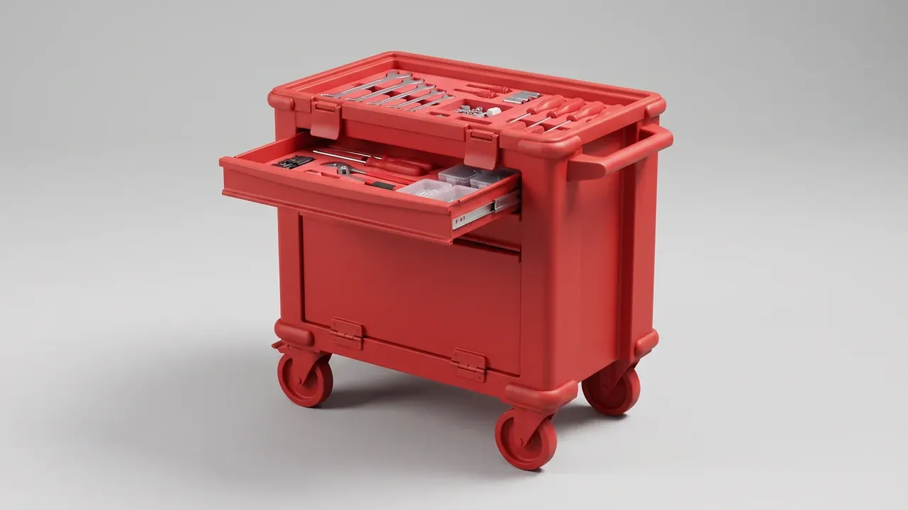 Tool Chest: red unit with lid raised, moulded recesses in the top bay, one drawer out with clear parts boxes, four castors