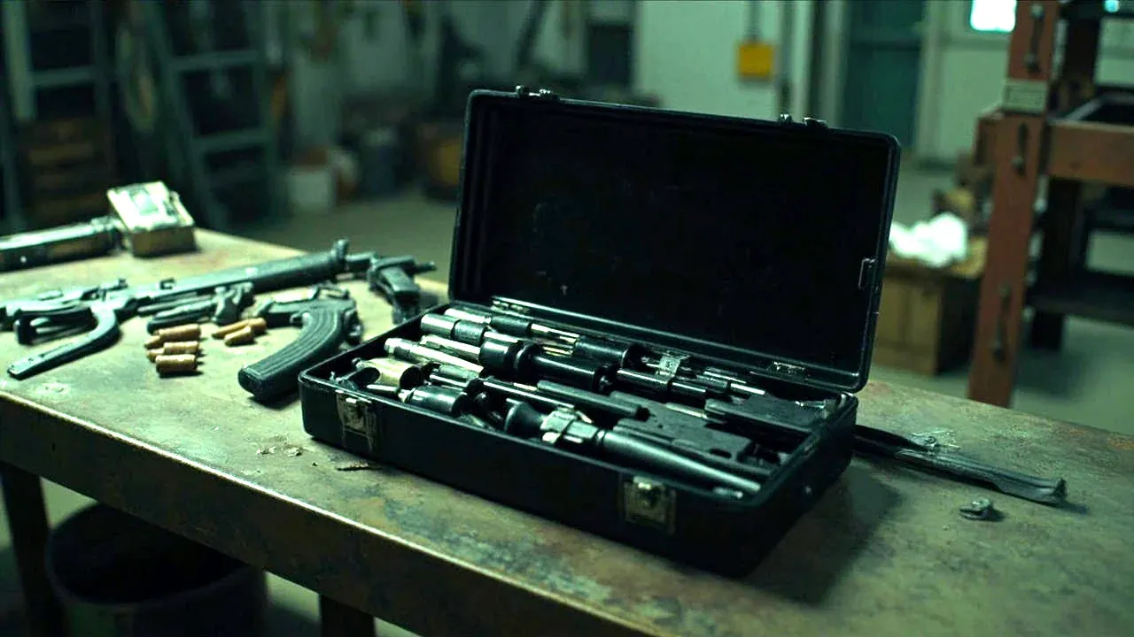 An open tool kit chest beside a maintenance bench holding a stripped receiver, a magazine and loose rounds