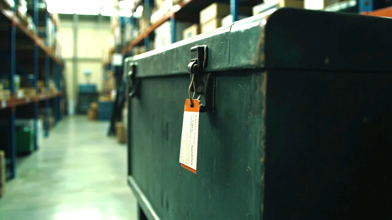 Close-up of a tool kit chest with a seal tag on the latch, standing in a store