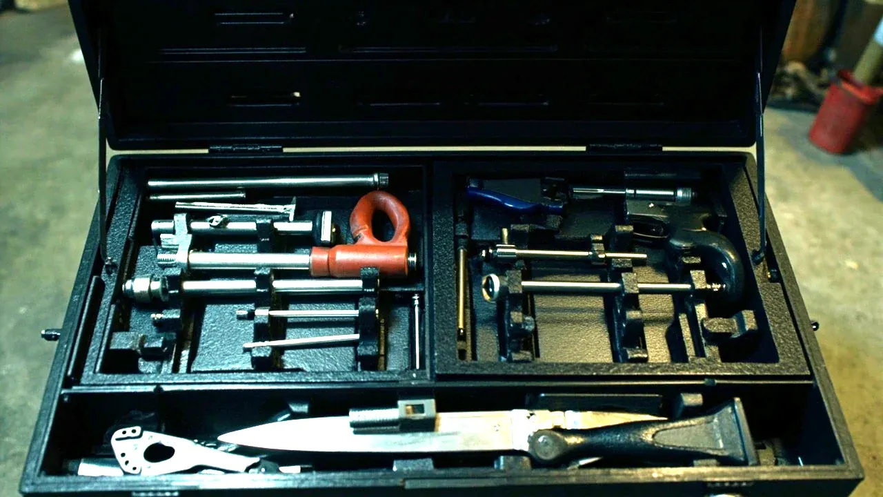 An open tool kit chest with a full tool set seated in foam cut-outs