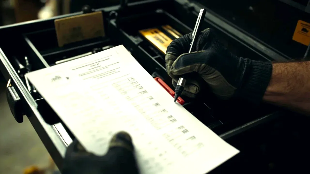 A gloved hand signing a handover sheet beside an open tool kit chest on a bench