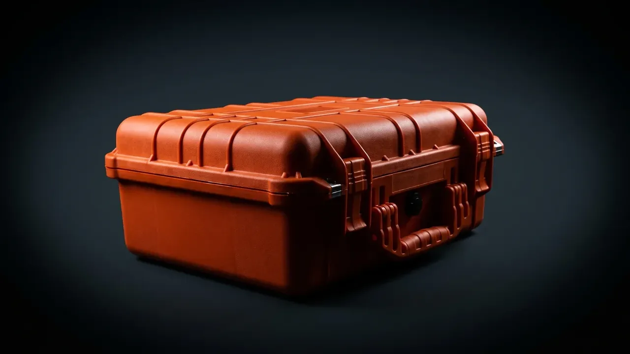 Tool Kit Chest: orange shell at an angle, three ribs across the lid, two metal latches on the side, one black valve at the front