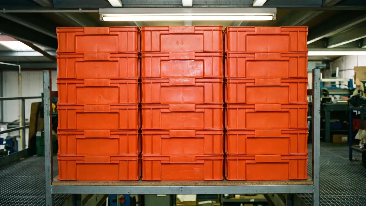 Tool Kit Chest: three columns of orange crates stacked seven high on a steel rack in a workshop, strip lights above, metal grating floor