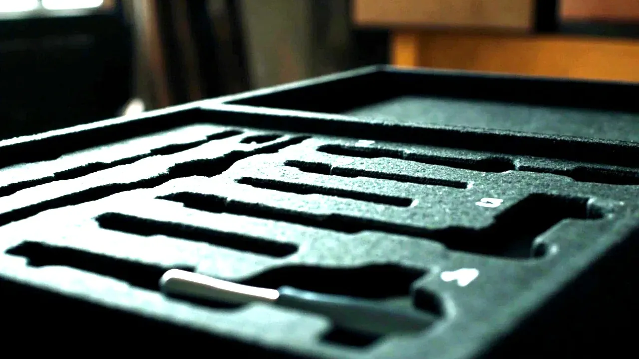 Close-up of a tool kit chest foam insert with numbered cut-outs, most of them empty