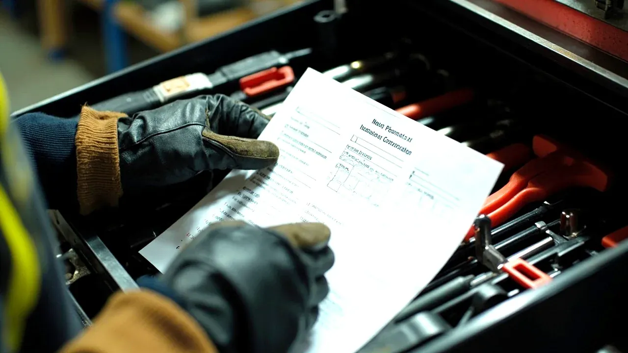 Two gloved hands checking a printed checklist against the tools in an open tool kit chest