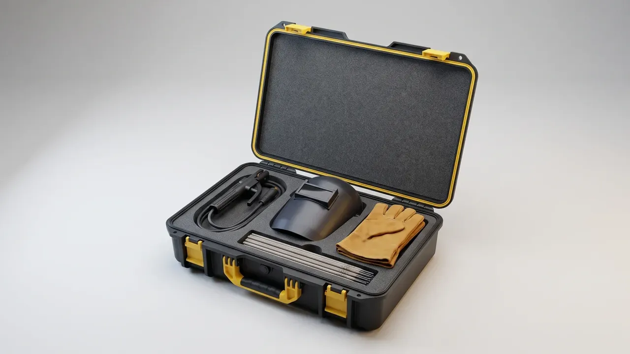 Tool Kit Chest: black shell open, gray lid foam, cut foam holding a welding torch, a dark mask, tan gloves and rods, three yellow latches