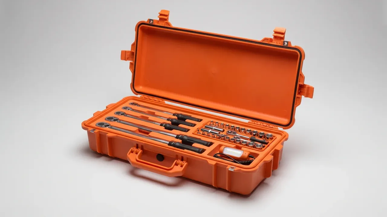 Tool Kit Chest: orange case open, black gasket round the lid, sockets and ratchet wrenches in die-cut black foam, front latch and folding handle