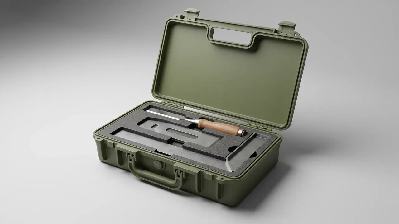 Tool Kit Chest: olive green case open and flat, gasket round the plain lid, slots cut in black foam, a wooden-handled chisel in one slot