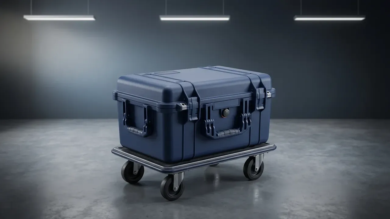 Tool Roll: navy rotomolded case on a four-wheel metal dolly, ribbed lid, two metal latches and a side handle, one silver catch at left