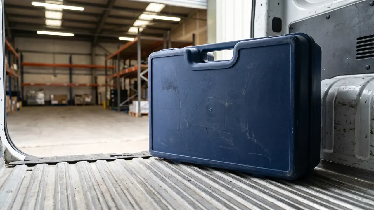 Tool Roll: navy case with a top handle standing inside a van, ribbed steel cargo floor below, scuffed shell, three-tier warehouse racking outside