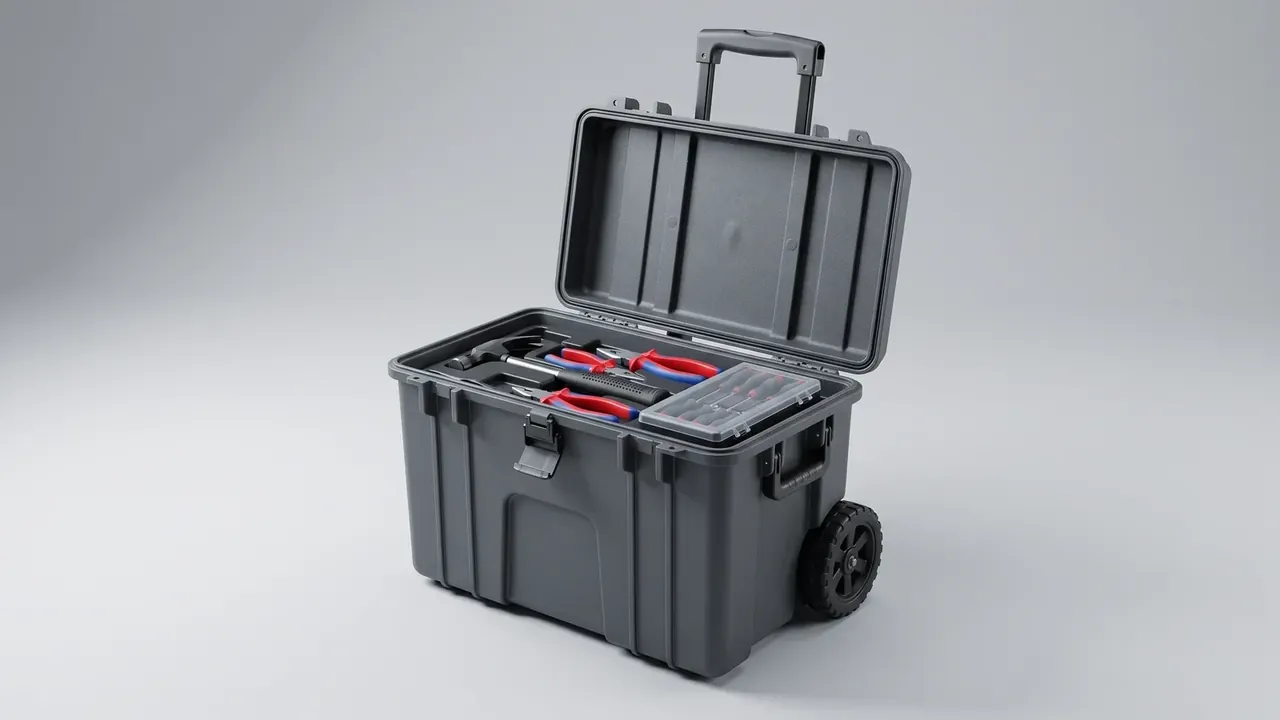 工具卷：深灰色拉杆工具箱开盖立在浅灰背景上，箱内凹槽放着红蓝柄钳子、扳手与透明批头盒，右侧露出一只黑色大轮，盖内侧有加强筋