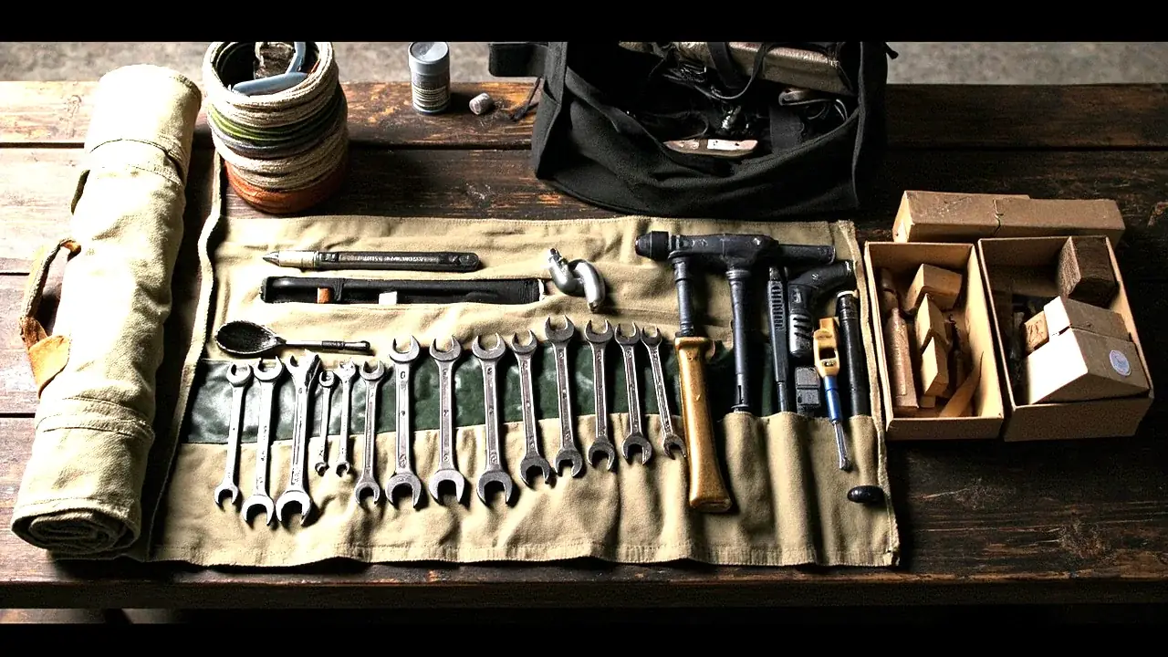 An unrolled canvas tool roll with wrenches and screwdrivers in pockets, an open tool bag and two wooden boxes beside it