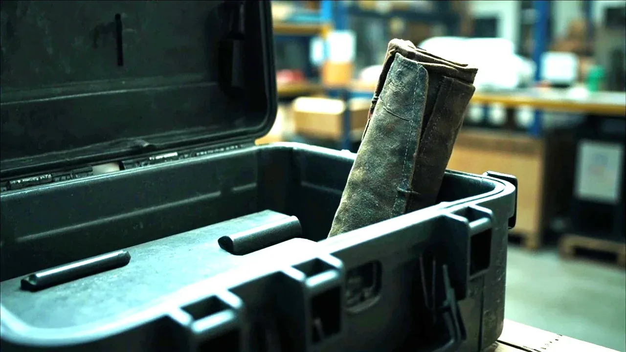 A rolled tool roll standing upright in the corner of a hard case, showing space use