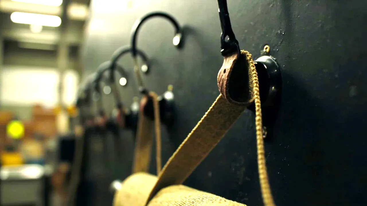 Close-up of a tool roll tie strap and hanging loop on a workshop wall hook
