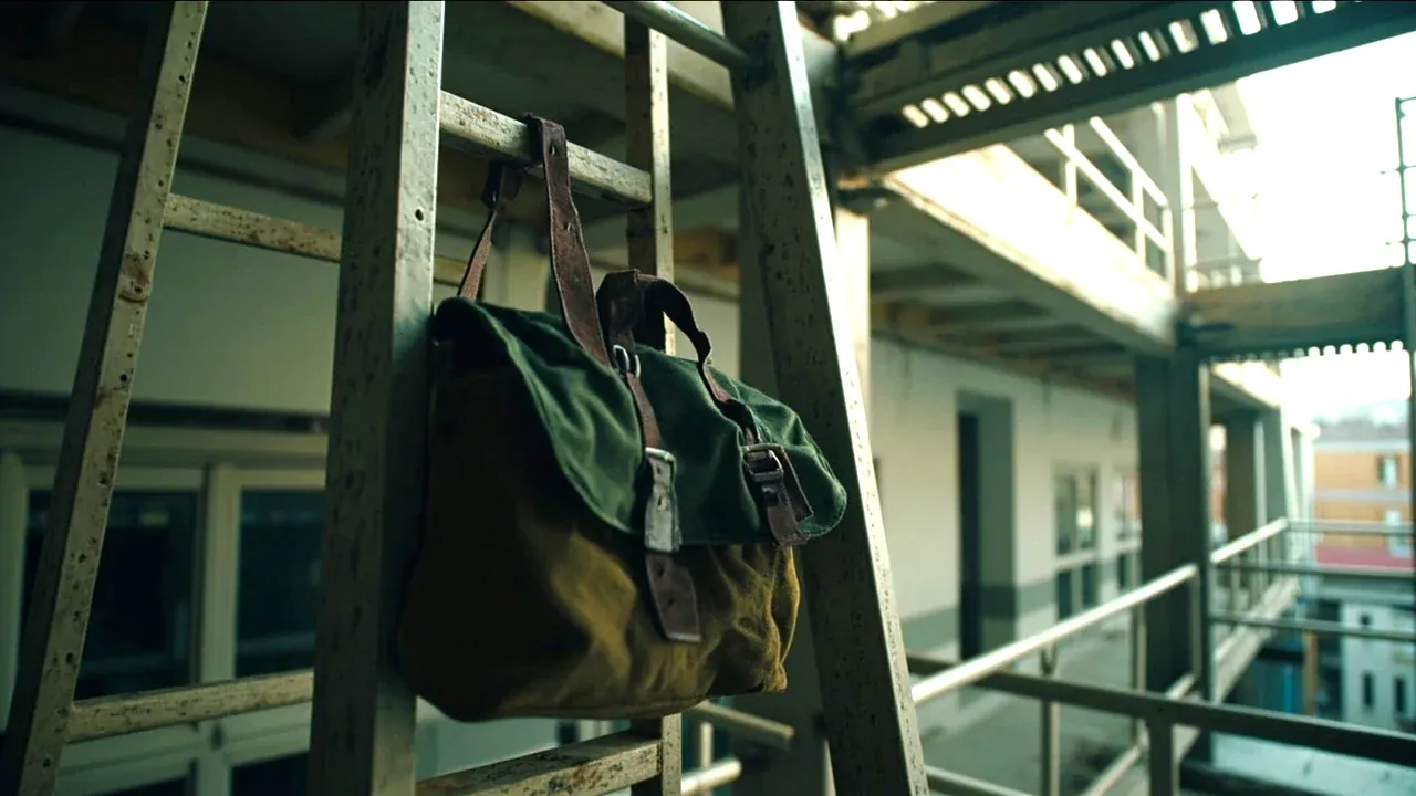 A canvas tool satchel hanging from a steel ladder rung, railings and scaffolding behind