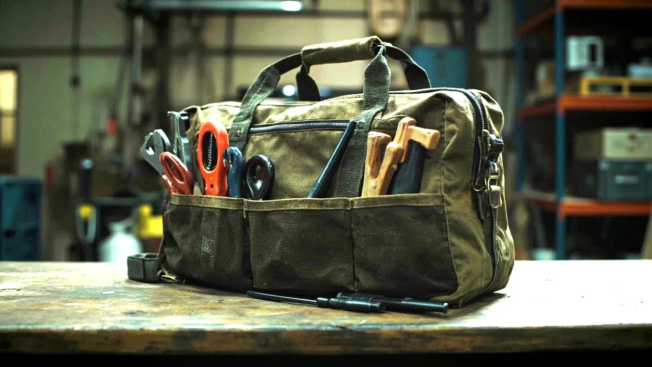 A tool satchel on a bench with frequently used tools in the outer pocket