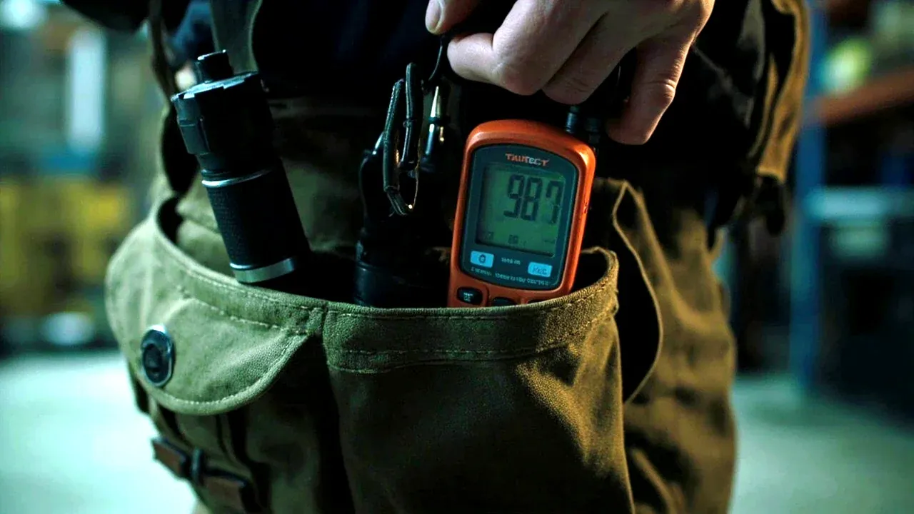 Close-up of a tool satchel side pocket holding a torch and a small meter