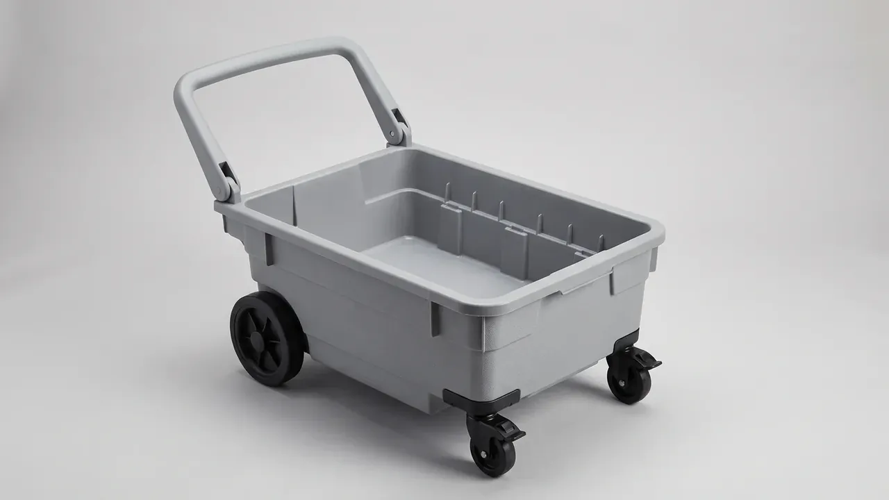 Tool Satchel: an empty light grey plastic trolley on white, folding U handle raised, two braked casters up front, two large wheels at the rear