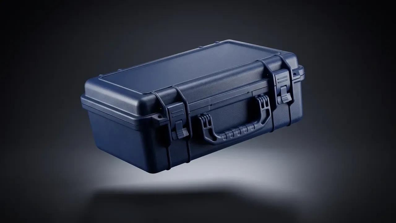 Tool Satchel: a navy case floating over a dark backdrop, two front catches, a finger-grooved moulded handle and ribbed lid above a pale glow