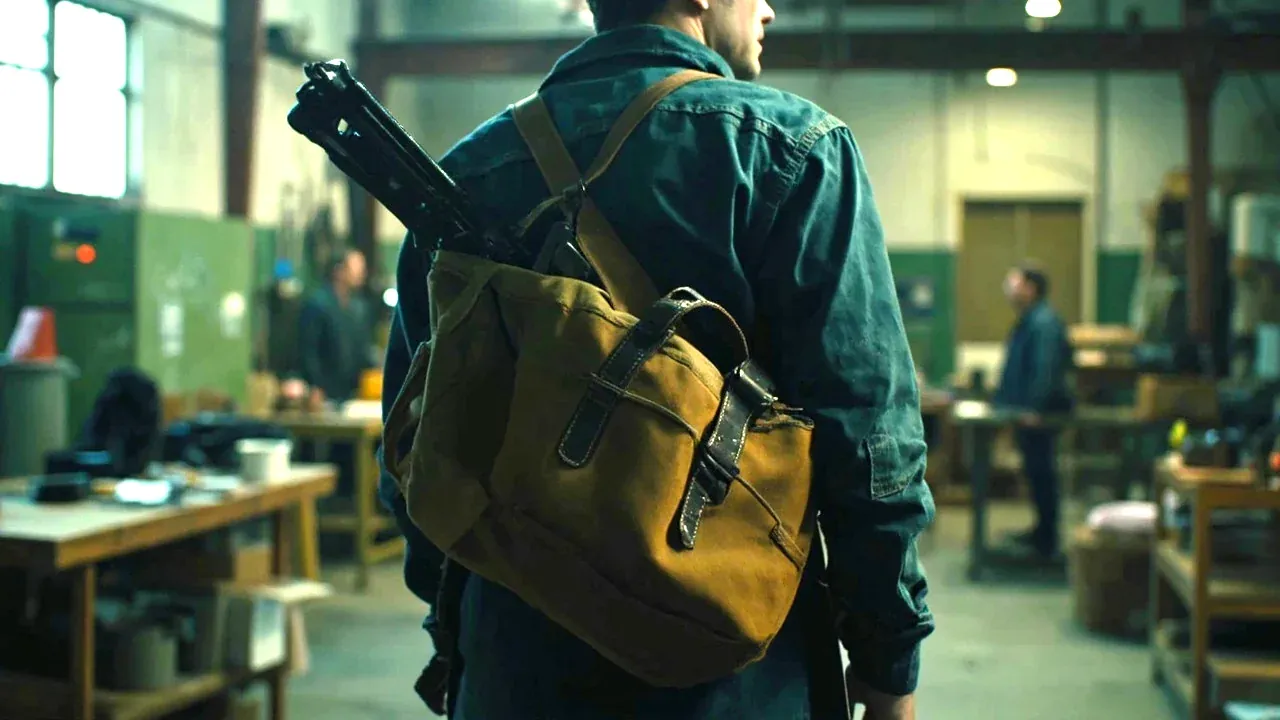 A worker in workwear carrying a canvas tool satchel over one shoulder in a workshop, a rifle slung across his back