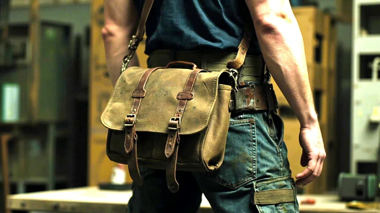 A tool satchel with a waist belt fitted and buckled, worn at a worker's waist