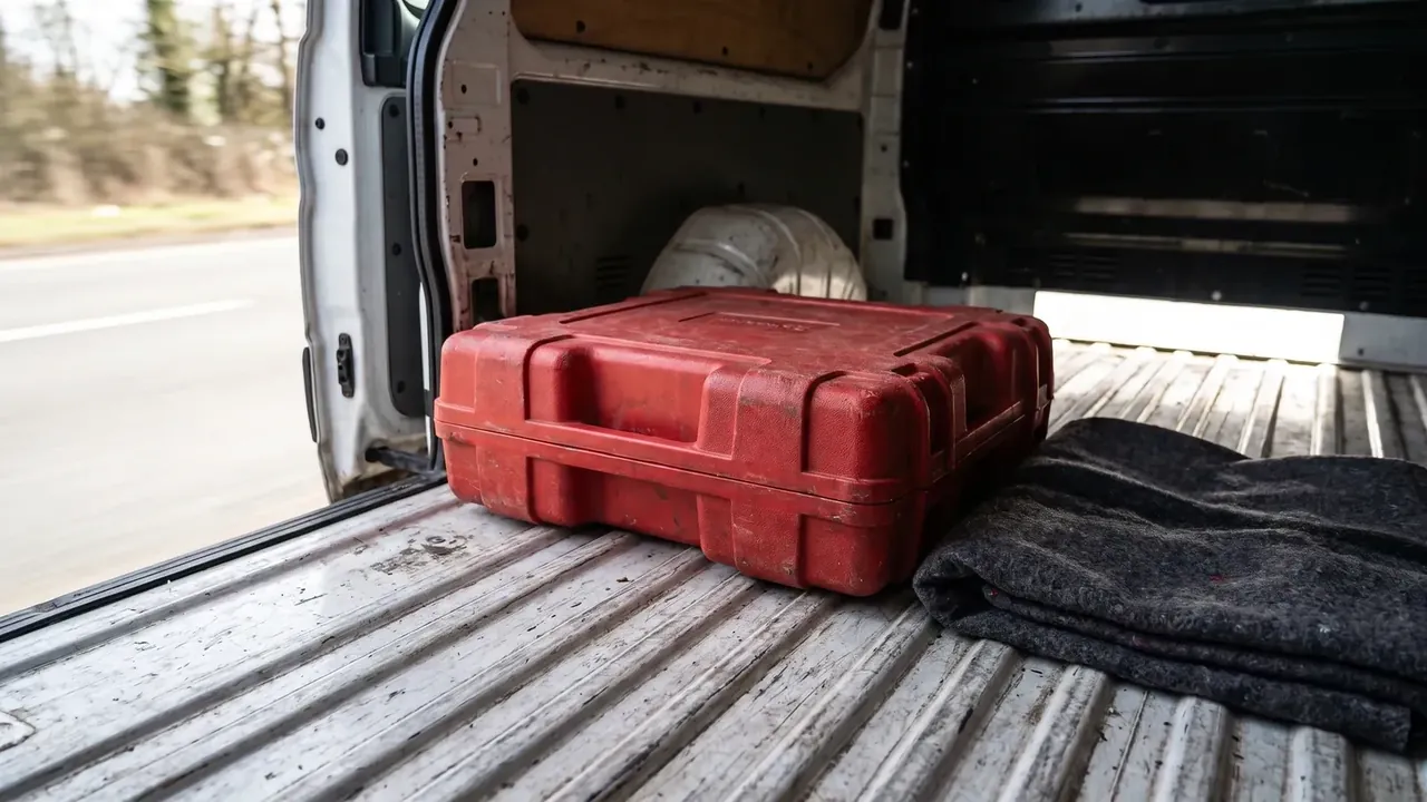 Tool Satchel: closed red hard case on a white van's ribbed metal floor, thick corner lugs, a side rib and a folded dark cloth