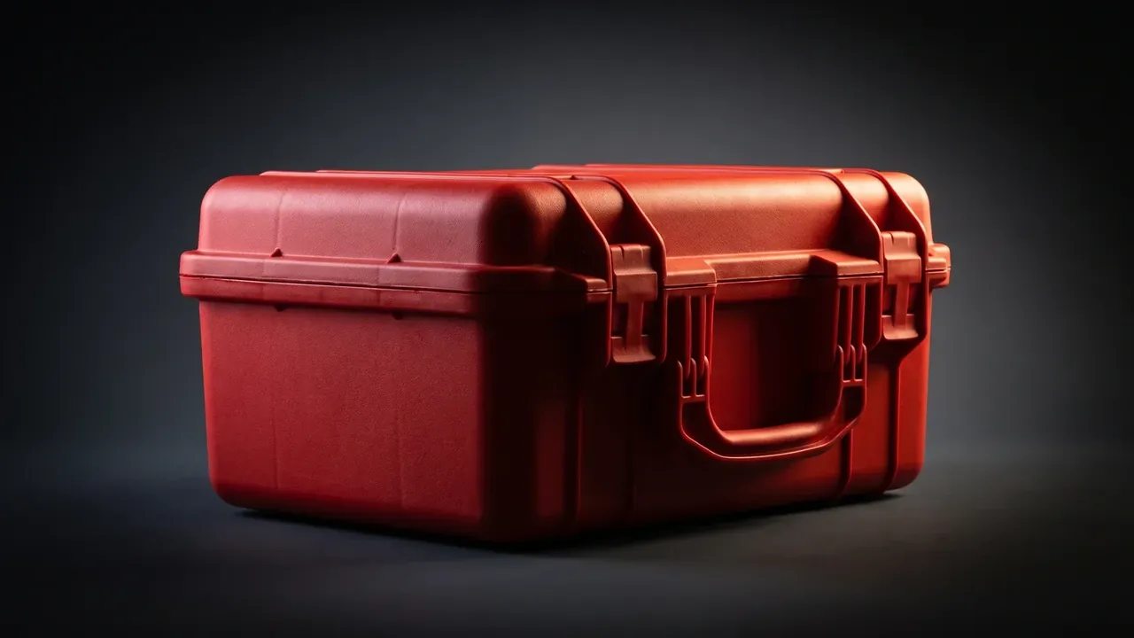 Tool Satchel: red hard case standing on its side against a dark background, two front catches, a folding handle and a raised seam rib
