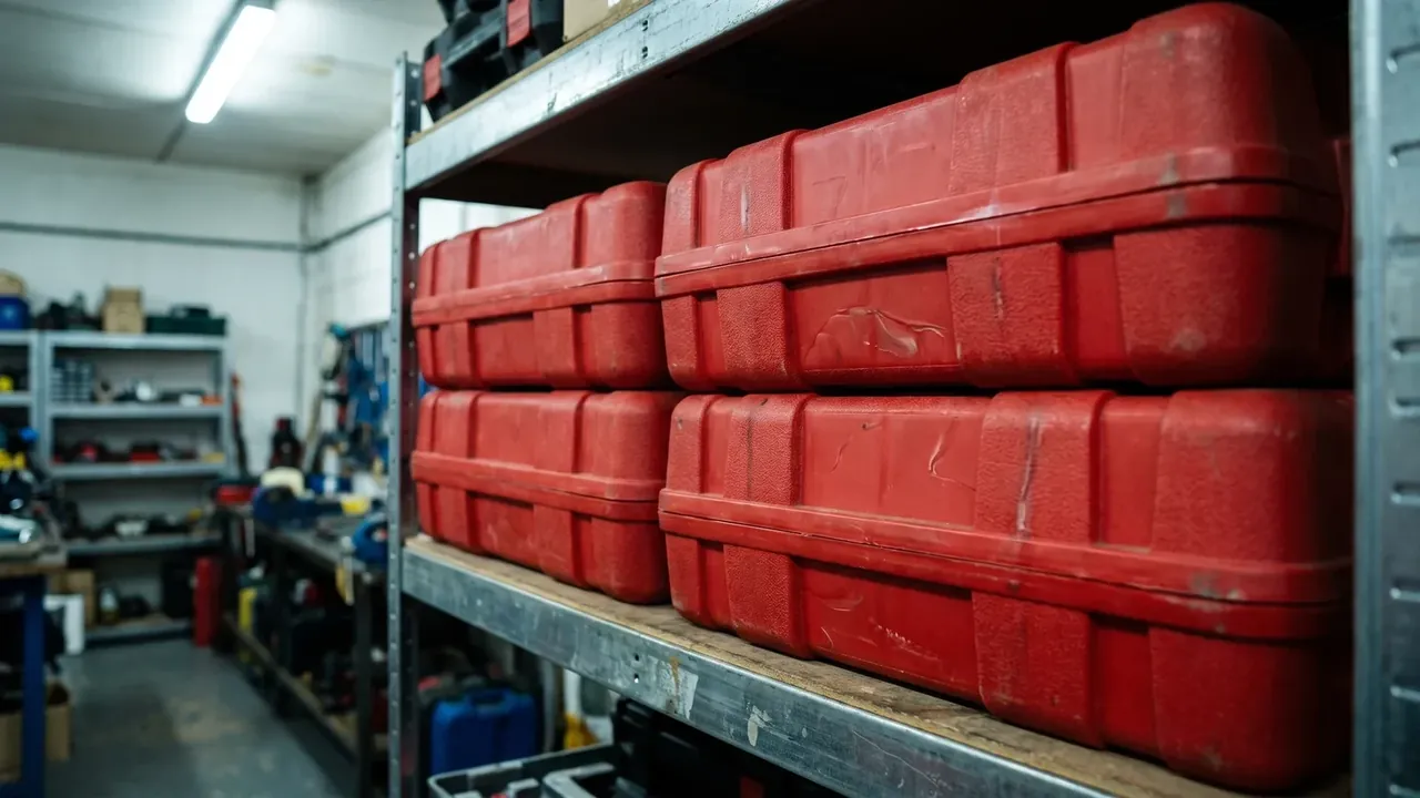 Tool Satchel: two tiers of red cases on a steel workshop shelf, scuffed side panels, worn boards underneath and storage racks behind