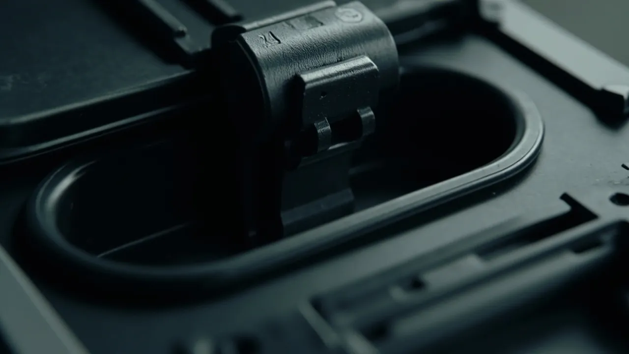 Close-up of toolbox hinge latch and rubber seal