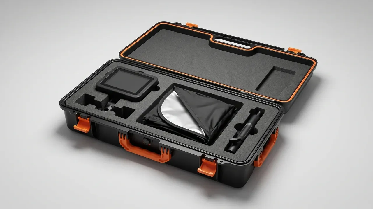 Touring lighting case seen from above, grey EVA pocket holding a black panel module beside a foil pouch and rod, orange gasket on the rim