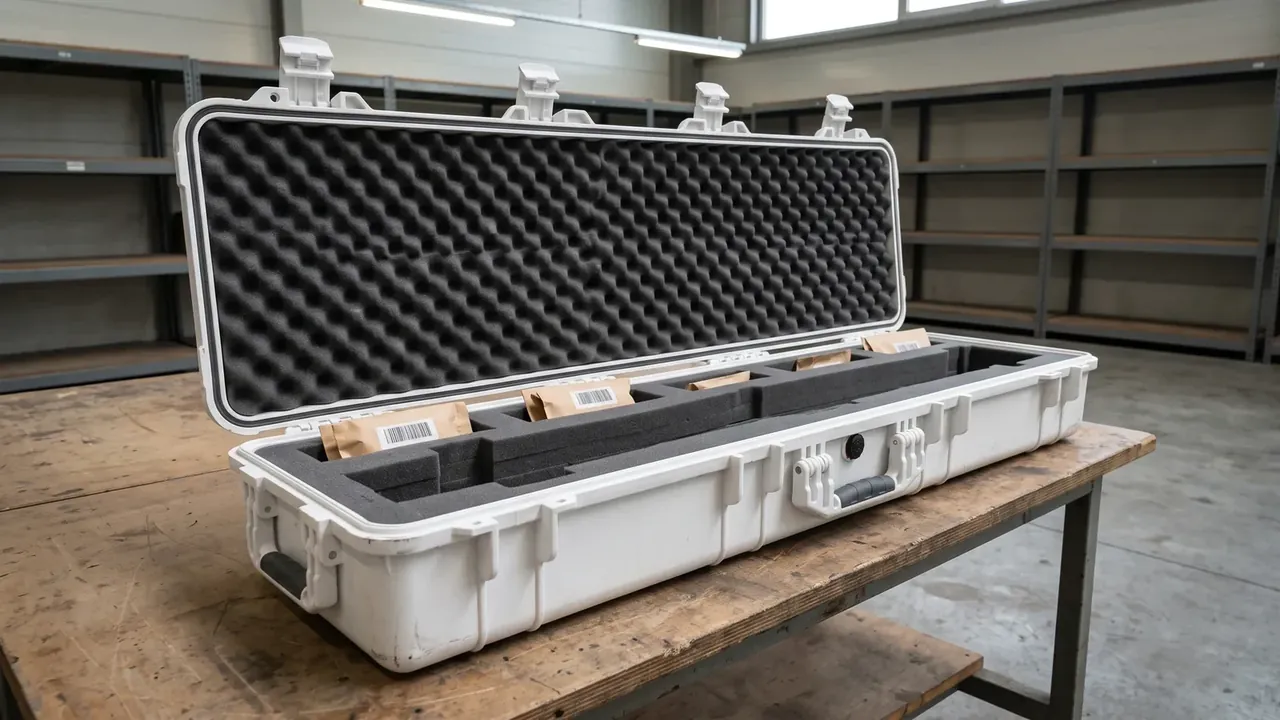 Touring lighting case in white, long body on a wooden bench, black egg-crate foam, four white latches, barcoded bags in the dividers