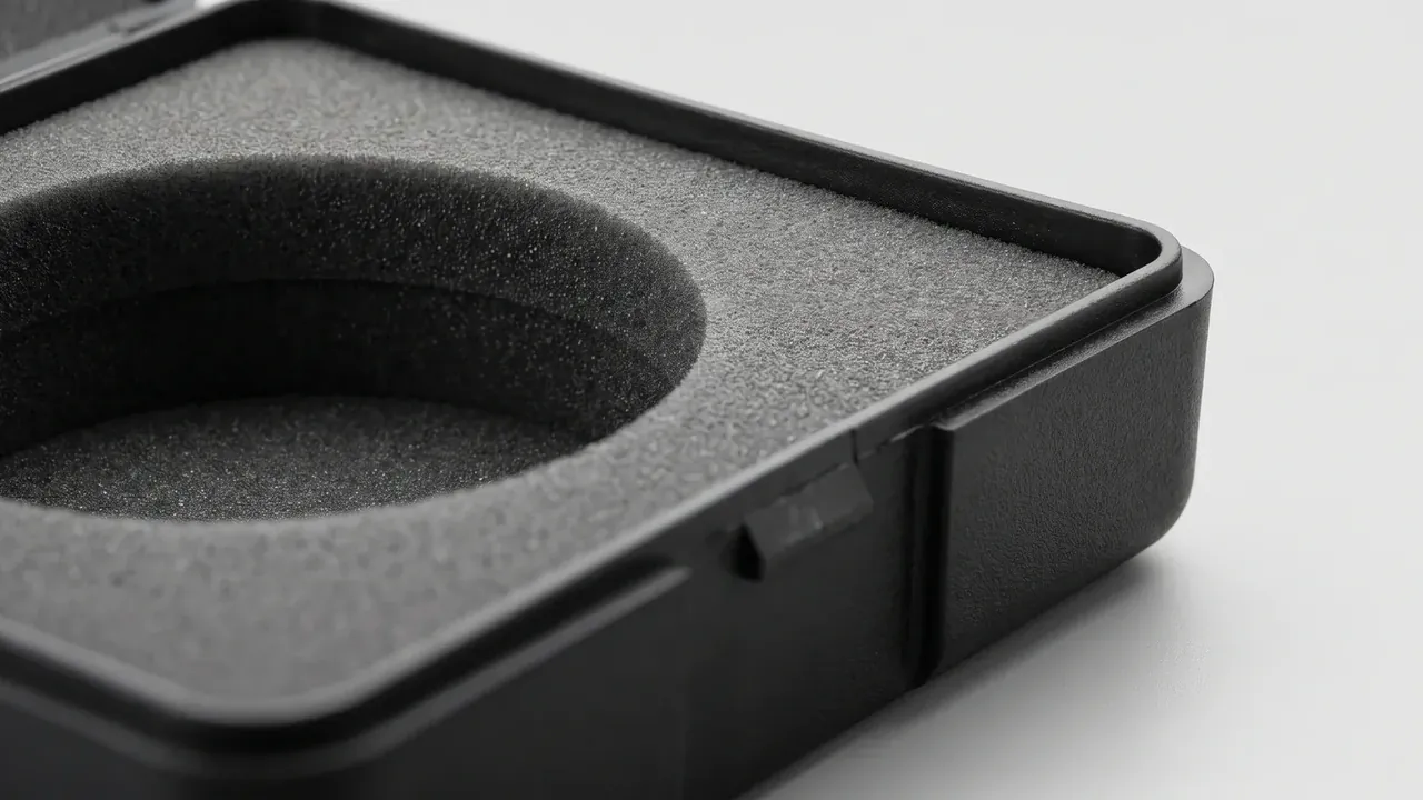 Open black case with one deep circular cavity cut in grey foam