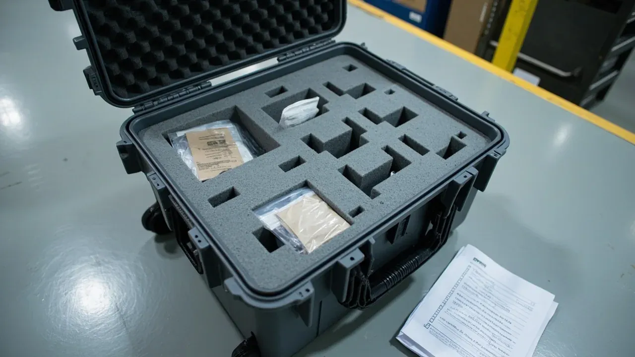 Open grey case, foam compartments holding antistatic-wrapped modules