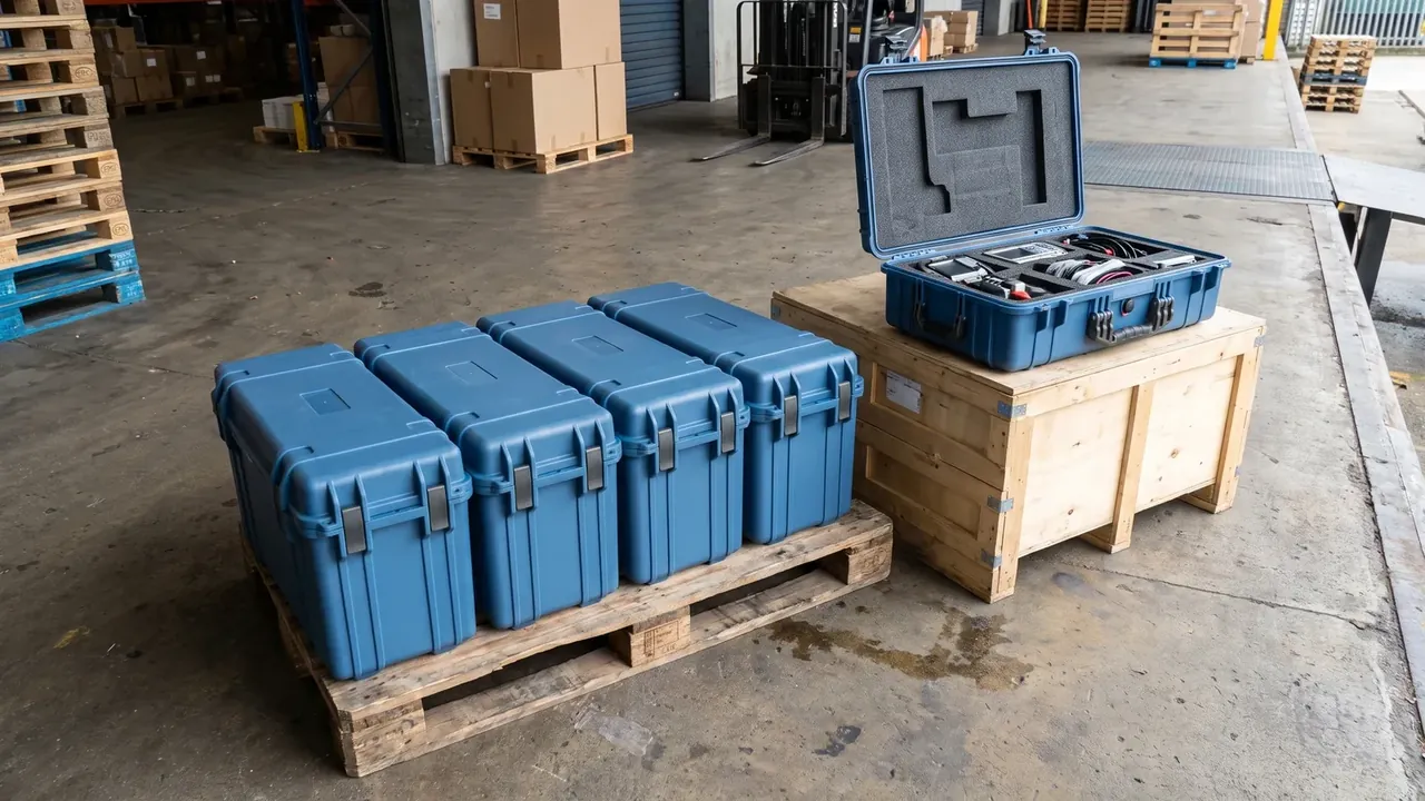 Blue cases stacked on a pallet beside an open case with instruments