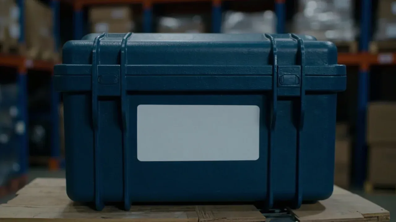 A blank label centred on the front face of a dark-blue case, latches and lid seam left clear