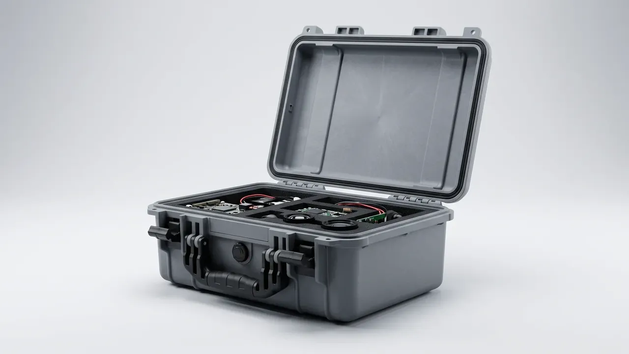 Transit Case: a grey case open on white, lid lined with black foam, base foam cut for circuit boards, wires and two round lenses