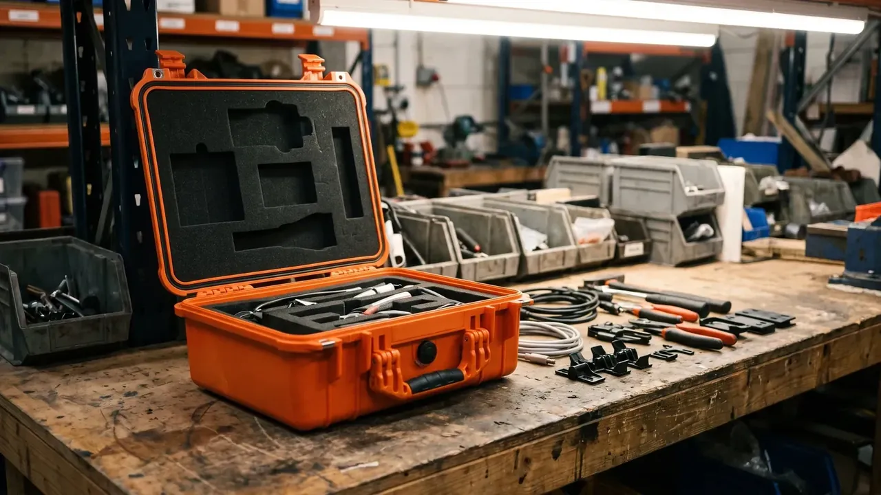 Transit Case: an orange case open on a wooden bench, lid foam cut into square pockets, spanners, cable and clips alongside, grey bins behind