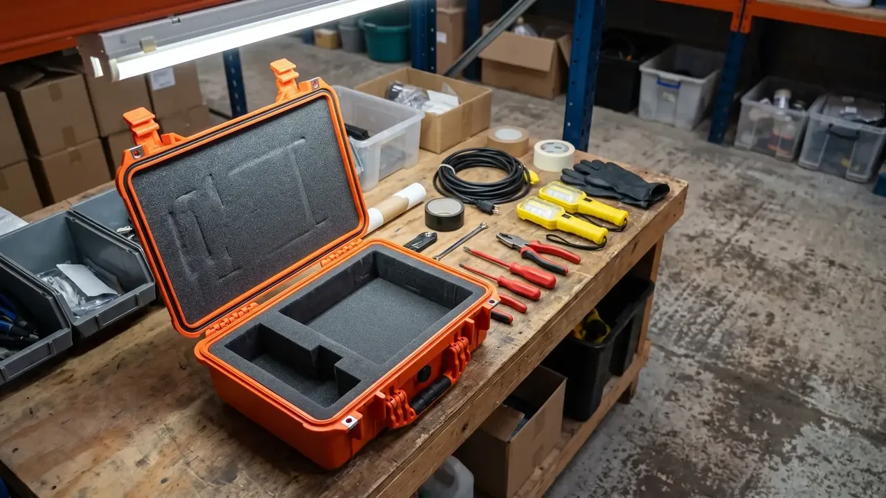 Transit case: an orange open case on a wooden bench, two foam cavities, yellow torches, cable and pliers beside it, blue racking behind