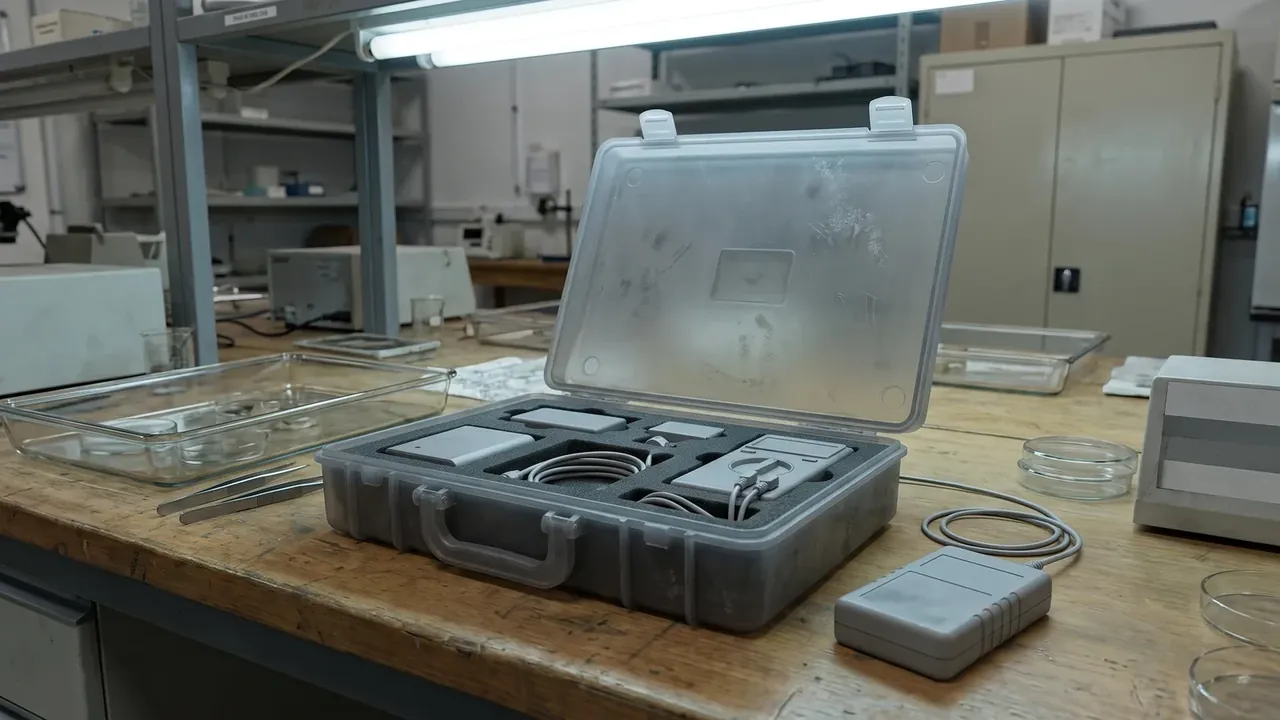 Transit Case: translucent grey case open on a lab bench, foam cut for white modules, a matching box beside it, glassware behind