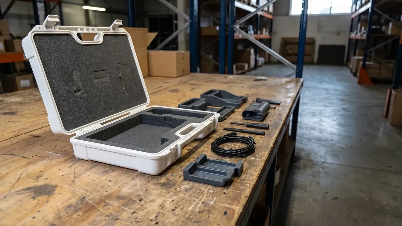 Transit case: a white case open on a bench, black foam cutouts, grey plastic parts, blue racking behind