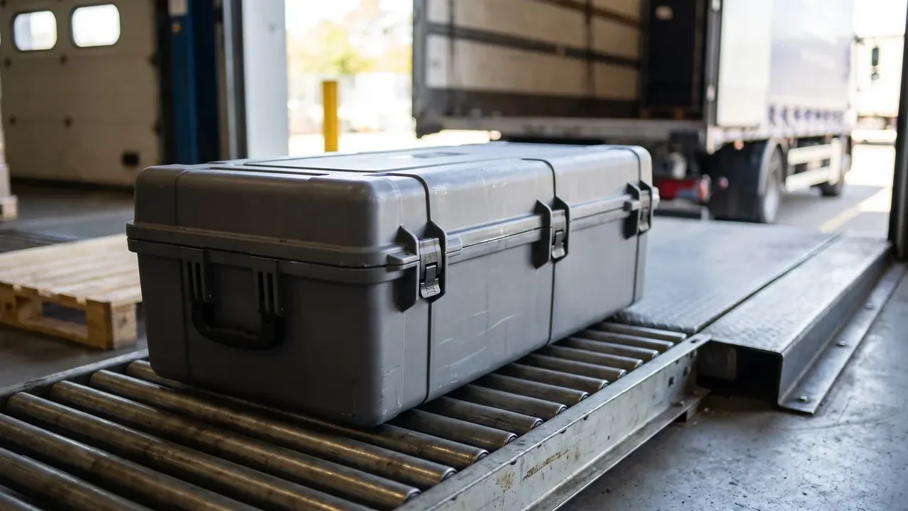 Secondary Protection in Transit work in progress: a grey case on the loading dock roller line with wooden pallet and truck bay behind