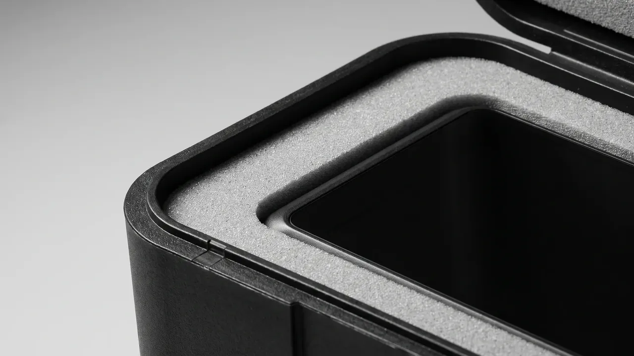 Transport and Storage Container: close-up of a black case corner, thick rotomolded wall at the rim and a grey foam strip inside