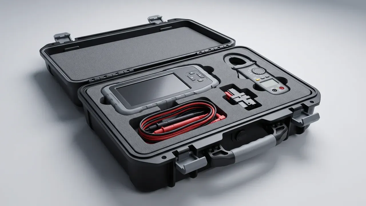 Transport and Storage Container: open black case with foam cut for a display unit, a clamp meter and coiled red and black test leads